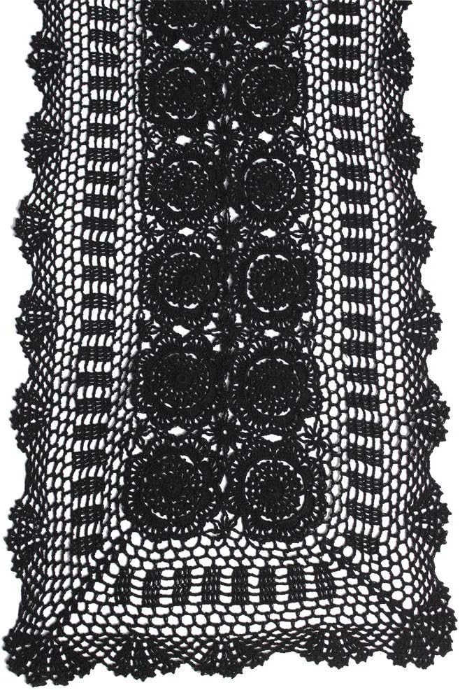 KEPSWET Cotton Handmade Crochet Lace Table Runner Black Rectangle Coffee Table Dresser Decor (14x60 inch)