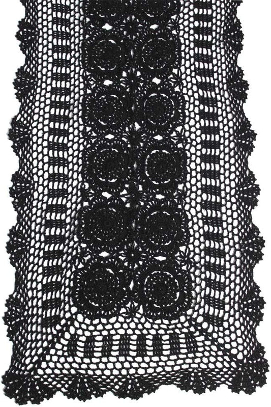 KEPSWET Cotton Handmade Crochet Lace Table Runner Black Rectangle Coffee Table Dresser Decor (14x48 inch)