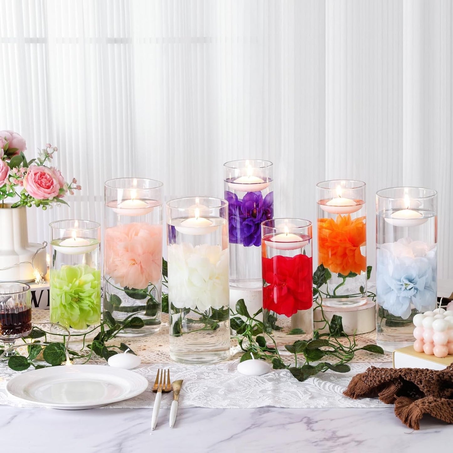 24 Pcs Floating Candles for Centerpieces and Floating Flowers Vase Fillers for Centerpieces Artificial Purple Flowers for Wedding Table Party Home Decoration
