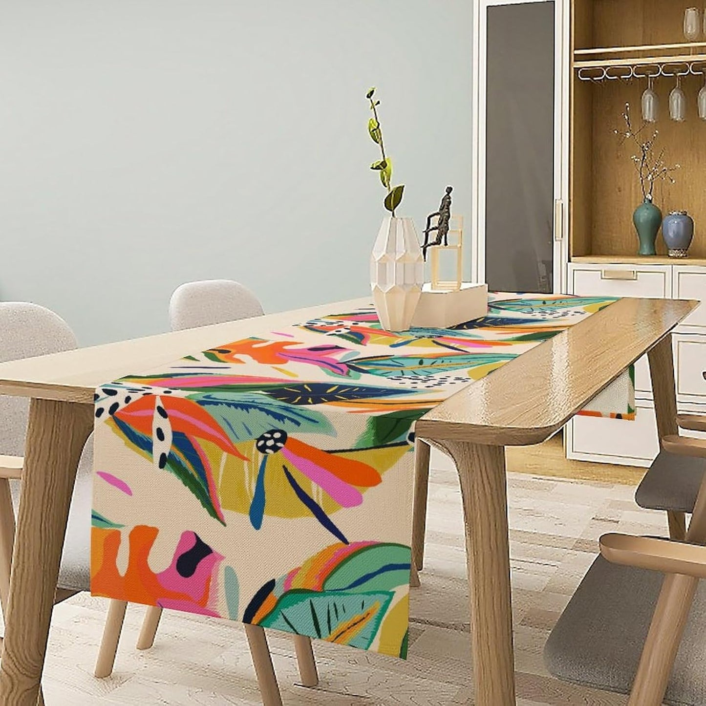 Colorful Flower Table Runner,Abstract Flower Blossom Botanical Pattern Print Tablecloth Burlap for Hotel Indoors Outdoor Dining Room Kitchen Table Decor, 13x36in