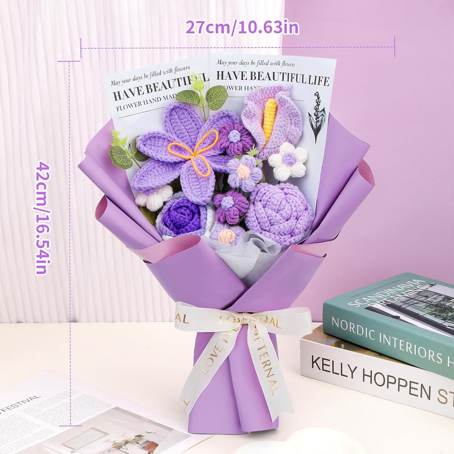 Crochet Flowers Bouquet, Handmade Knitting Crochet Flowers, Tulips Flower and Calla Lily Bouquet for Birthday, Teacher’s Day, Graduation, Valentines (Purple)