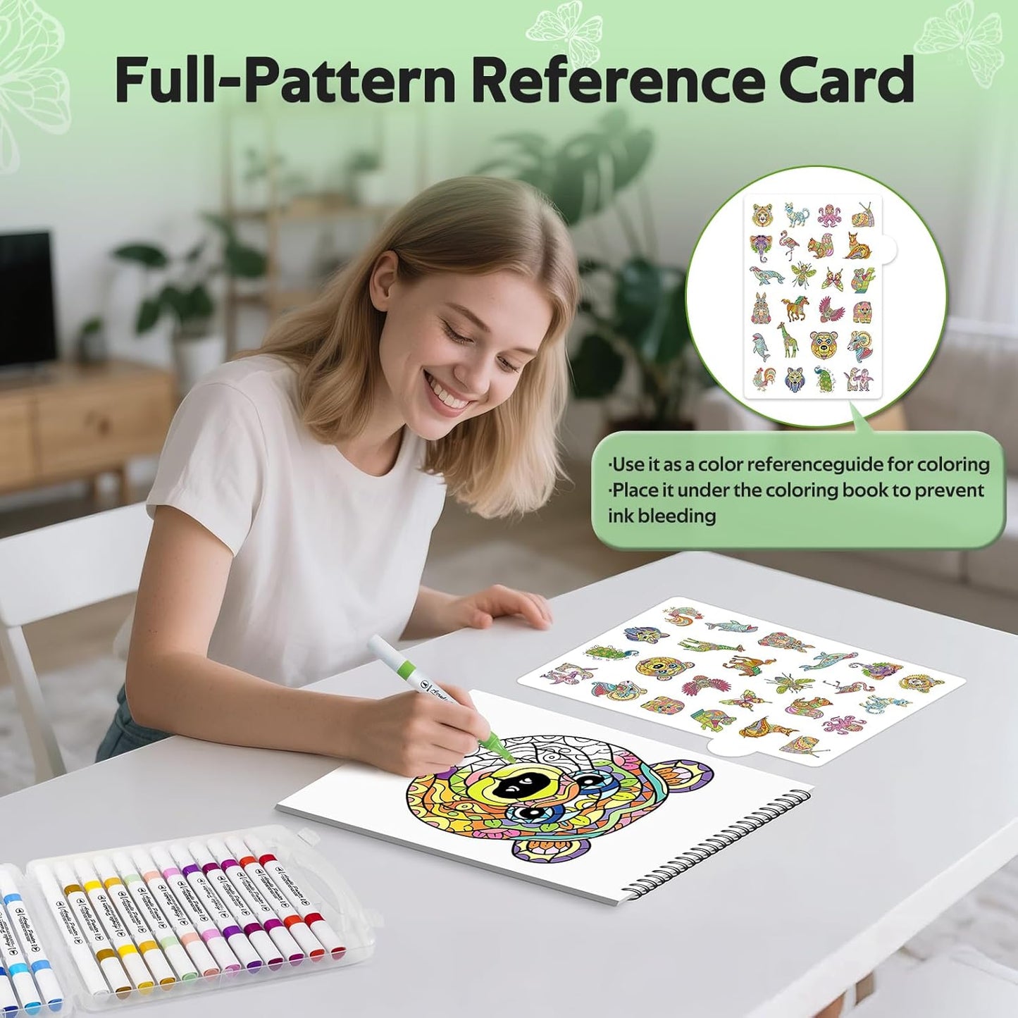 Adult Coloring Book Set for Women with 24 Colors Markers, Spiral Bound Coloring Book for Adults Relaxation with Full-Pattern Reference Cards, No Ink Bleeding-Anxiety Relief