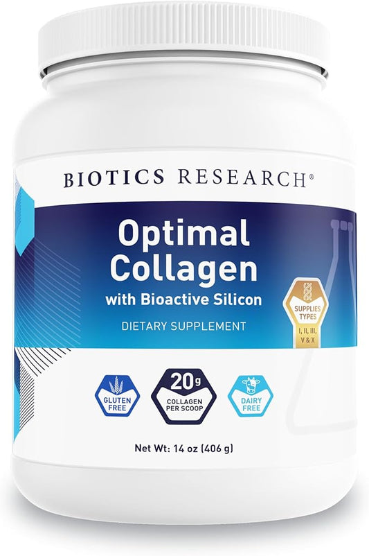 Biotics Research Optimal Collagen Easy-to-Mix Broad-Spectrum Collagen + Bioactive Silicon, Collagen Types I, II, III, V & X, 20 Grams Collagen per Serving