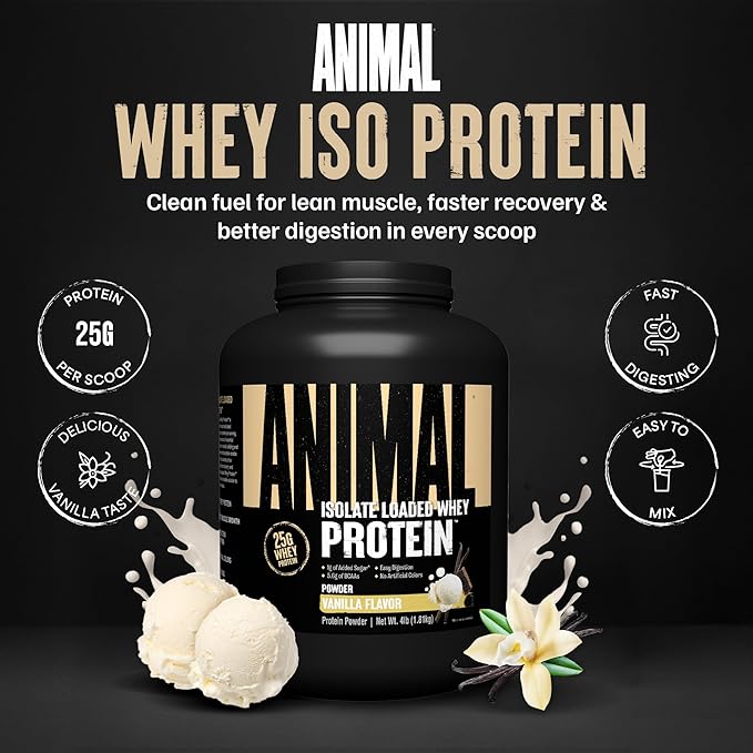 Animal Whey Isolate Protein Powder - Loaded for Pre & Post Workout Muscle Builder and Recovery with Digestive Enzymes for Men & Women - 25g Protein, Great Taste, Low Sugar - Vanilla 4 lbs