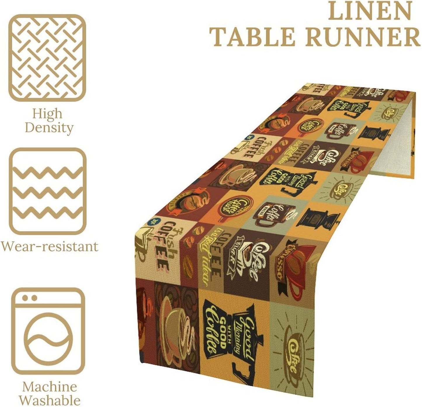 Coffee Table Runner,Vintage Style Coffee Beans Cups Theme Design Pattern Print Tablecloth Burlap for Hotel Indoors Outdoor Dining Room Kitchen Holiday Party, 13x36in