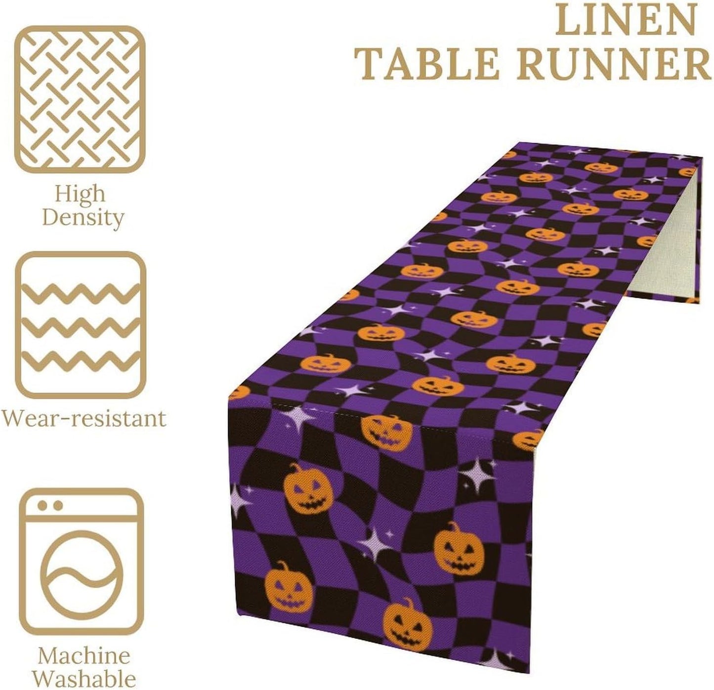 Halloween Table Runner,Purple Checkered Pumpkin Table Runner for Kitchen Dining Table Decoration Home Party Decor 13x70 Inch