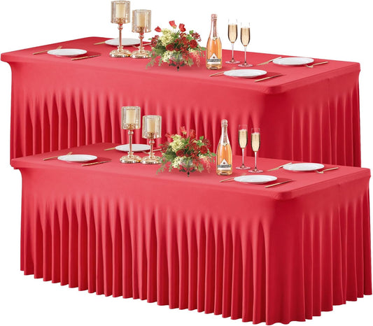 Wish Care 2 Pack Red Spandex Table Clothes for 8 Foot Rectangle Tables, 8FT Wrinkle Free Fitted Tablecloths Ruffles Design Stretch Table Cover for Party, Banquet, Wedding and Events