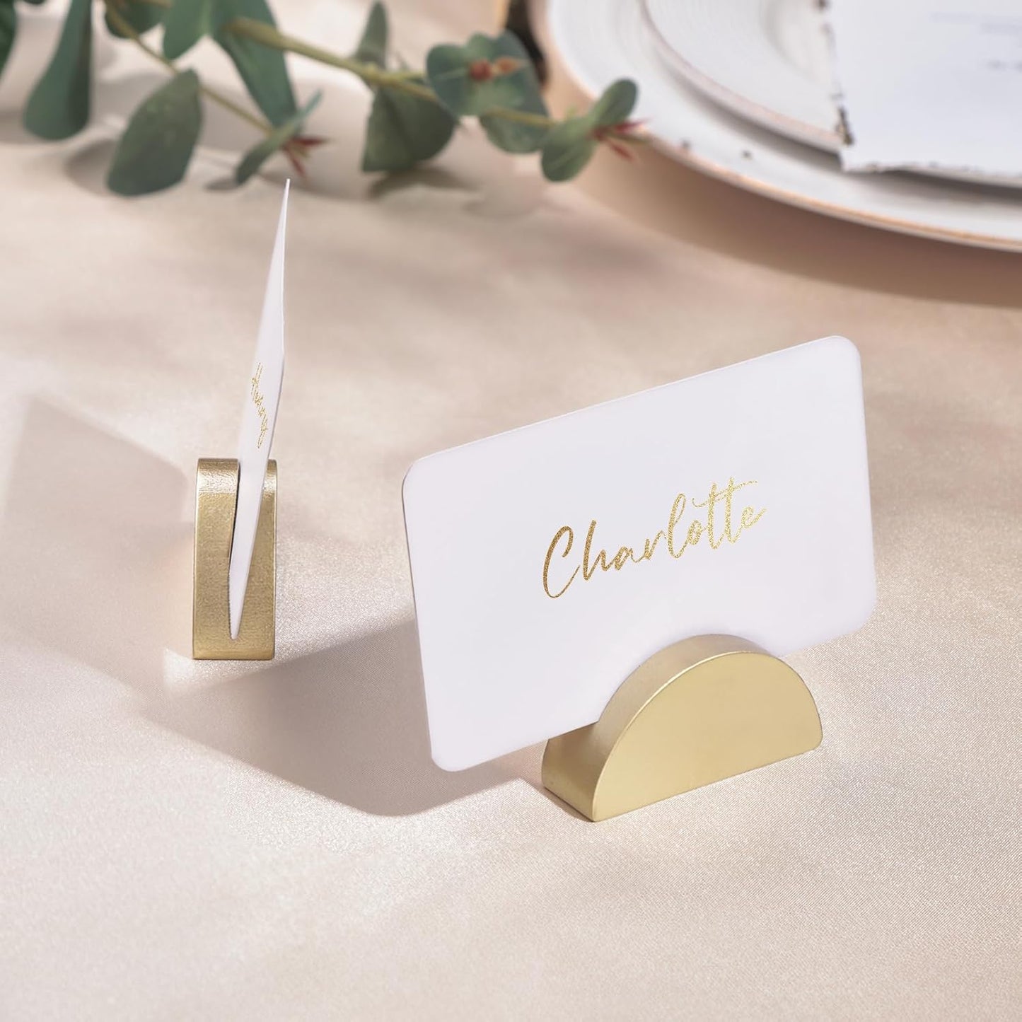 UNIQOOO 10 Set 2" Arch Gold Birch Wood Stand with Cards |1.2mm Slot, for Name Cards, Place Card Holder, Photo Display Stand | for Event Decor, Retail Shop, Cafe Restaurant Menu, Business Card, Name Tag