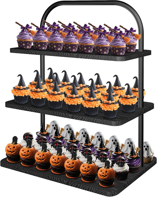 Cupcake Stand, 3 Tier Halloween Cupcake Stand for 50 Cupcakes Rustic Cupcake Display Stand Large Wood Dessert Table Display Set Cupcake Tower Tiered Tray Stand for Wedding Birthday Party