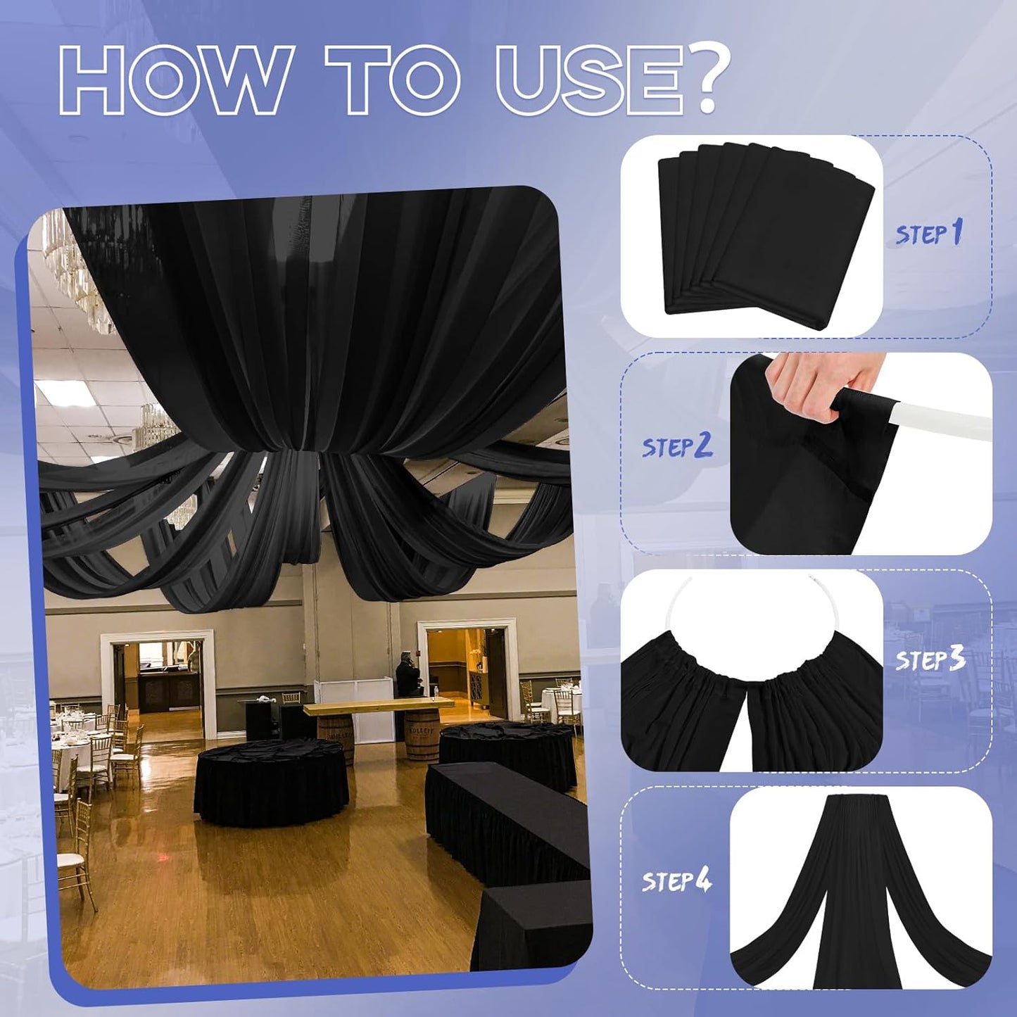 6 Panels Black Ceiling Drapes for Wedding 5ftx30ft Ceiling Drapes Wedding Arch Draping Fabric Cheesecloth Sheer Curtain Romantic Ceiling Decorations for Weddings Party Banquet Ceremony Stage