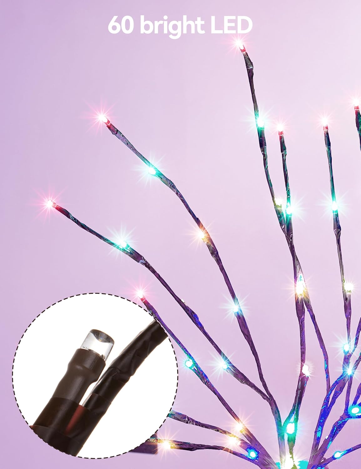 Lighted Branches for Vases Plug in - 6 Pack 24Inch 60 LED Christmas DIY Twig Pathway Lights, Artificial Tree Bendable Xmas Fairy Lights with Stakes for Outdoor Indoor Party Decoration, Multicolor