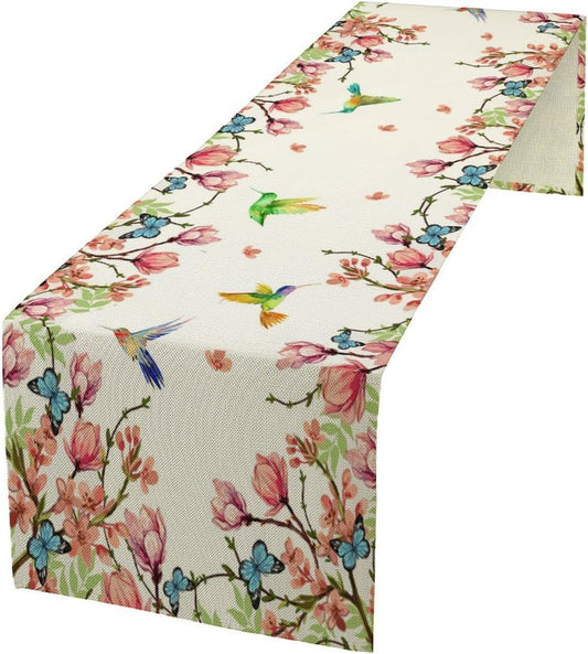 Vintage Watercolor Flower Hummingbird Table Runner Seasonal Spring Garden Plants Birds Florals Farmhouse Country Kitchen Dinner Runner Dining Table Decoration 13"x108"