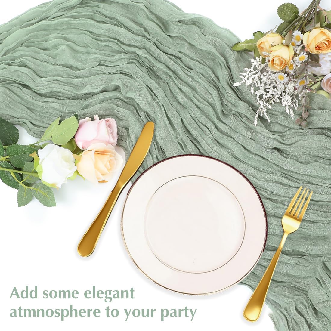 Sage Green Cheesecloth Table Runner -21*120Inch Long Boho Wedding Table Decor, Rustic Gauze Fabric Runner for Bridal Showers, Baby Showers & Parties (Sheer, Lightweight, Wrinkled Design)