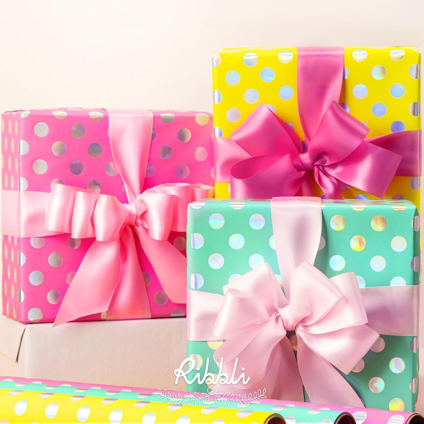 Ribbli Birthday Polka Dots Wrapping Paper Mini Roll, 3 Rolls Fluorescent Pink Aqua Yellow with Iridescent Foil Wrapping Paper for Kids Baby Shower - 17 inch x 120 inch(10feet) Per Roll