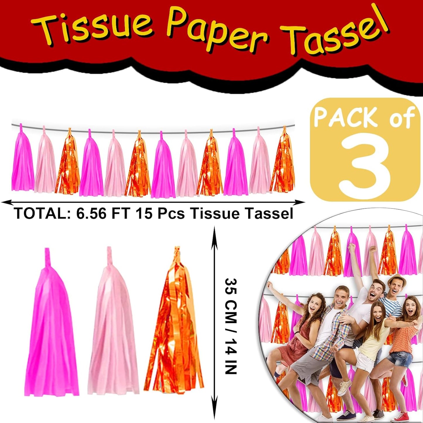 3P Hot Pink Orange LightPink Metallic Fringe Banner Garland Foil Tinsel Streamer Backdrop Banners for Parties, Wall Hanging Curtain Parade Floats,Graduation Decorations, Wedding Party Decoration