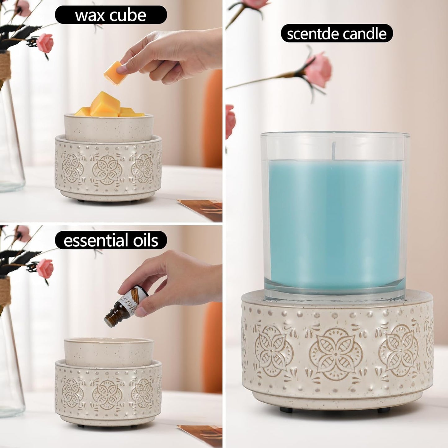 mocosa Ceramic Wax Warmer Wax Melt Warmer for Scented Wax 3-1 Electric Candle Warmer Home Fragrance Wax Burner as Gifts for Mom Grandma Women(Beige-Granular)