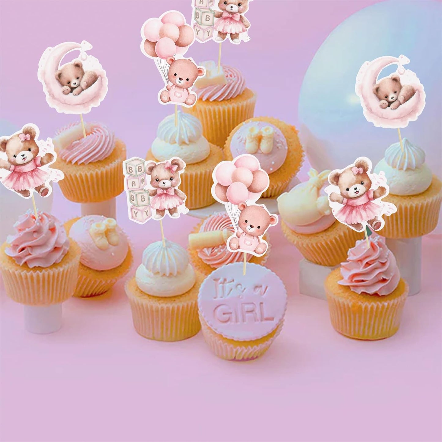 Gyufise 32Pcs Baby Shower Bear Cupcake Toppers Moon Baby Bear Baby Shower Cake Topper Decorations Jungle Animal Theme Birthday Party Cake Supplies Pink