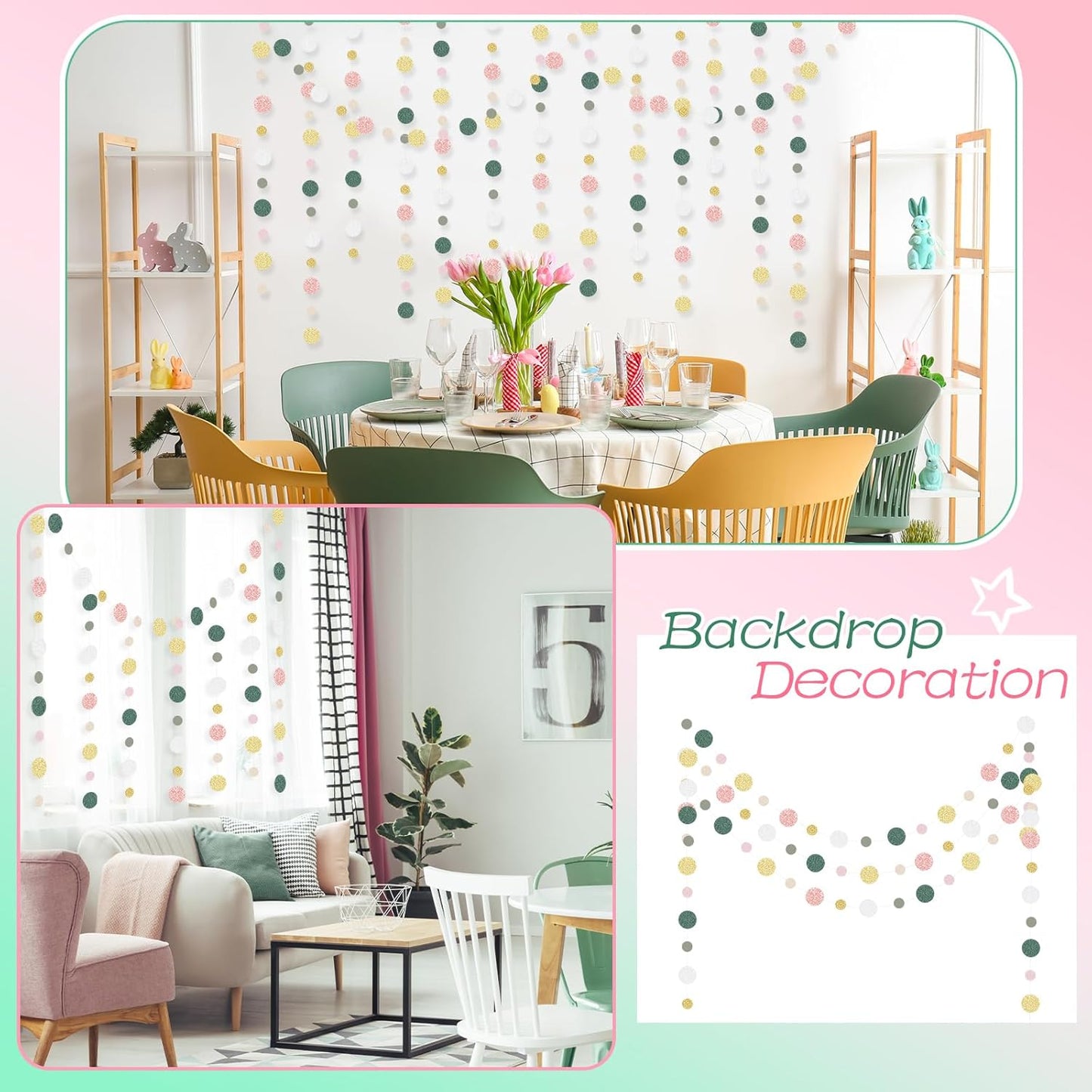 Outus 5 Pieces Colorful Dots Paper Garland Round Glitter Garland Hanging Confetti Streamers Backdrop for Candy Birthday Classroom Halloween Trunk or Treat Car Decoration (Sage Green,Pink,Gold)