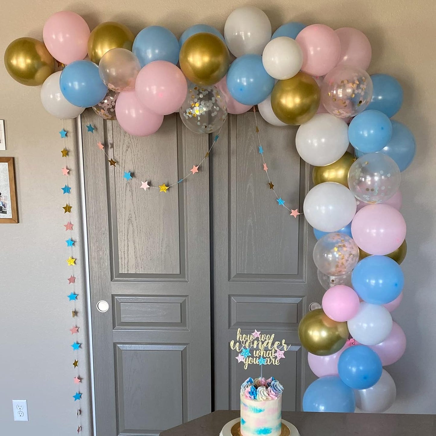 Balloons Pink and Blue, 60 Pack 12 Inch Pastel Light Pink Blue with Metallic Gold Confetti Balloons for Birthday, Gender Reveal, Baby Shower, Boy or Girl Party Decoration