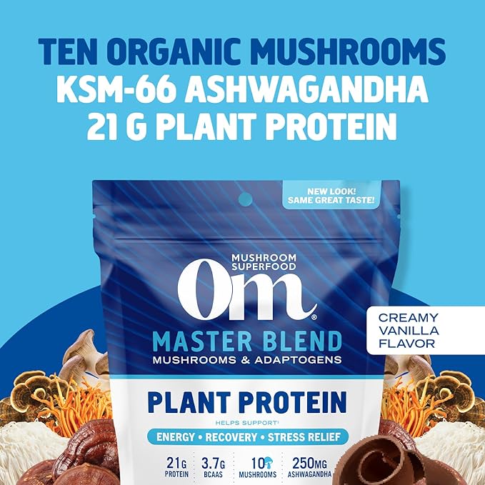 OM MUSHROOM SUPERFOOD Master Blend Plant-Based Protein Powder, 16 Servings, Creamy Vanilla with 10 Mushroom Blend & Adaptogens for Recovery, GLP-1 Support