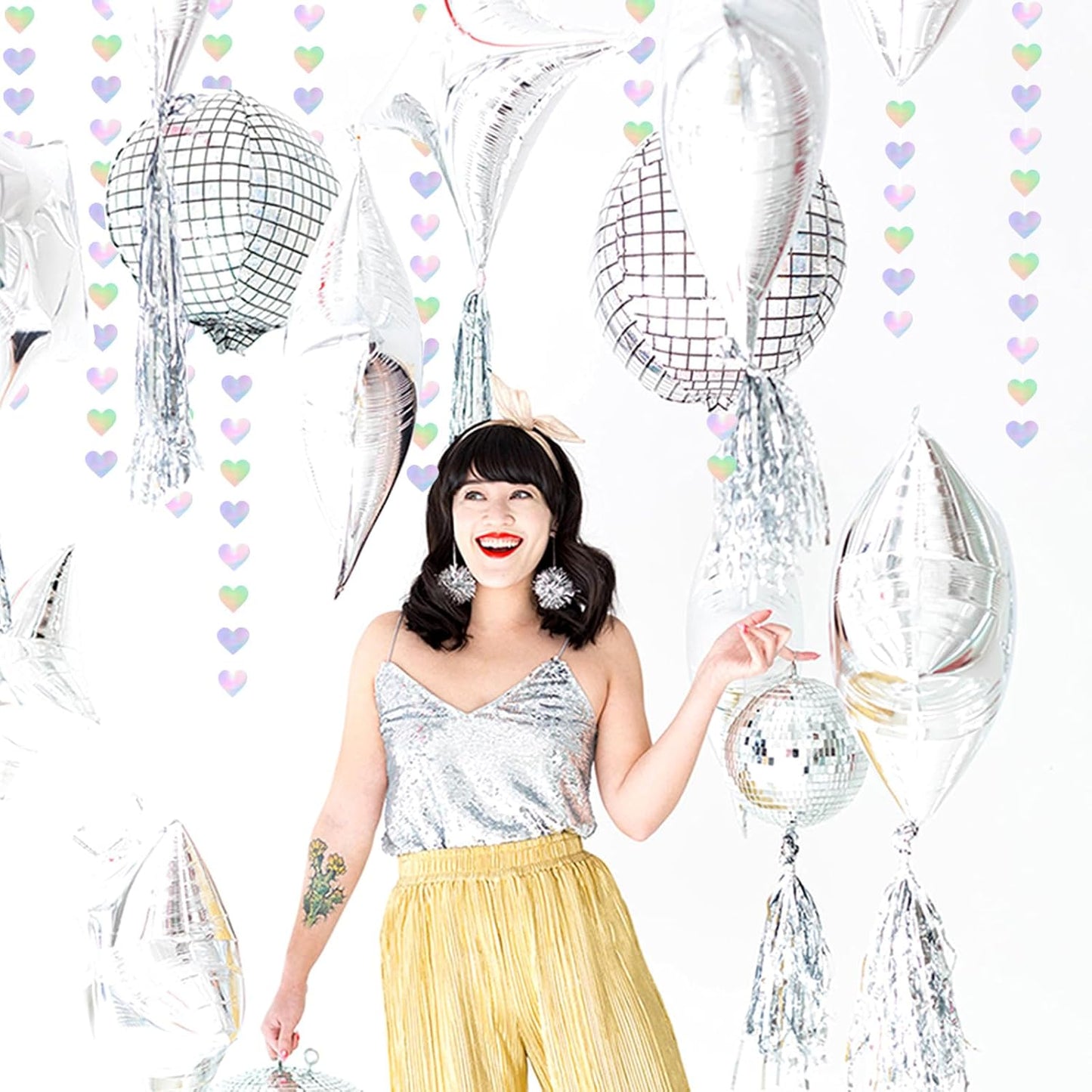 Iridescent Disco-Holographic Heart Garland - 52Ft Wedding Hanging Decoration Neon Streamers Banner, Perfect for Bridal Shower, Birthday, Baby Shower, Engagement, Valentines Day Decor