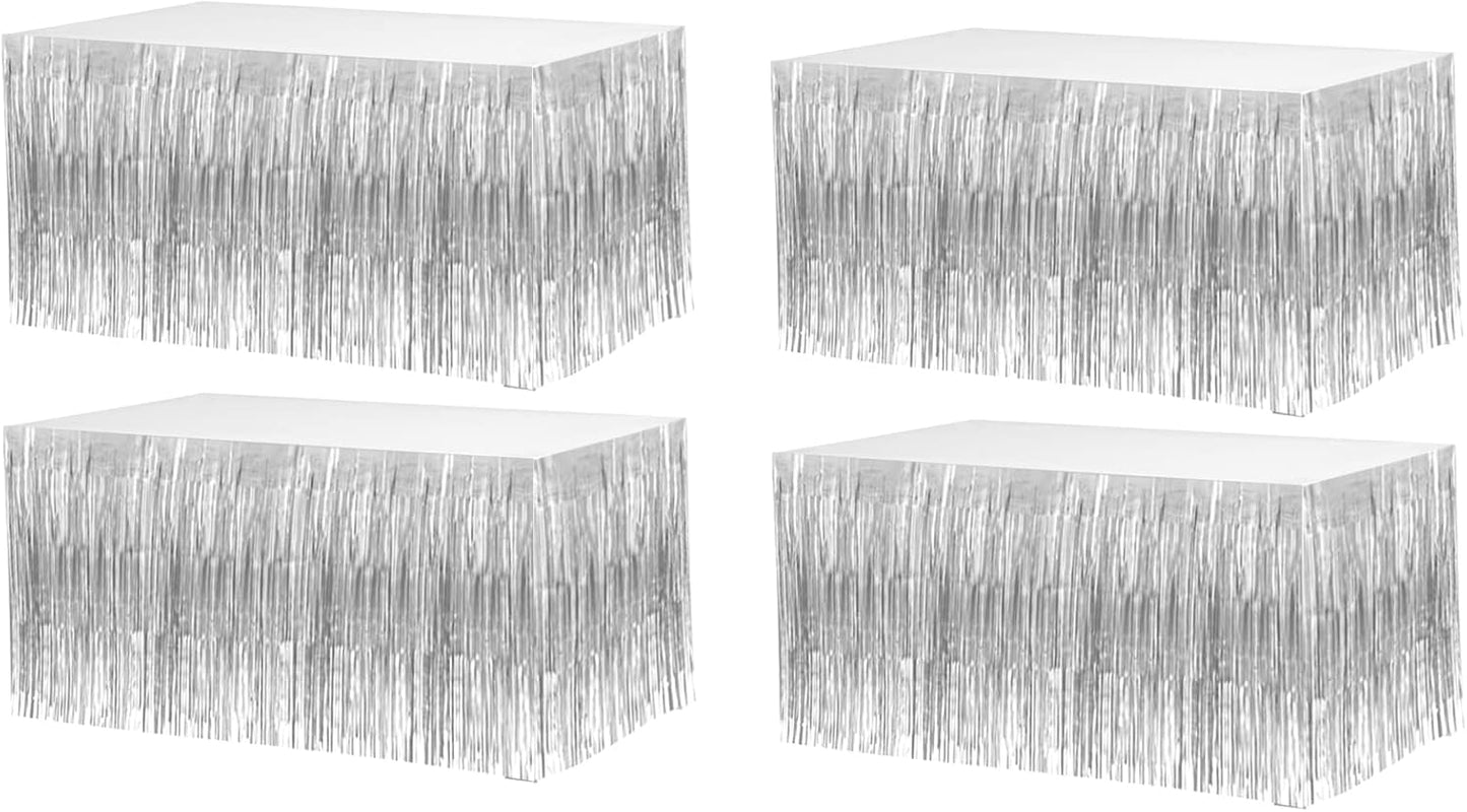 4 Pack 29x108 Inch Metallic Foil Fringe Tinsel Table Skirts for Rectangle Tables Streamer Curtains Backdrop for Wedding, Birthday, Parade Floats, Christmas, Halloween Party Decoration(Silver)