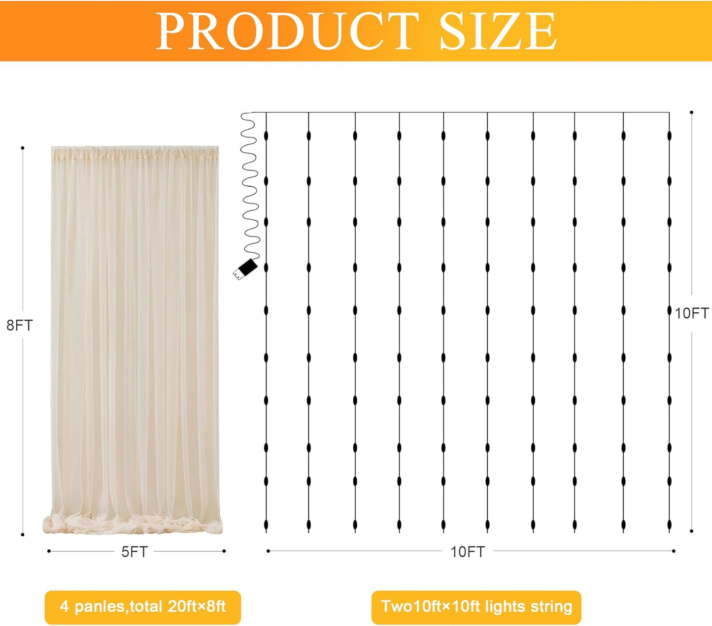 Fomcet Tulle Curtains with Lights String Champagne 20FT X 8FT Sheer Backdrop Curtains for Parties Wedding Baby Shower Photo Shoot Decorations (4 Panels 5 x 8FT)