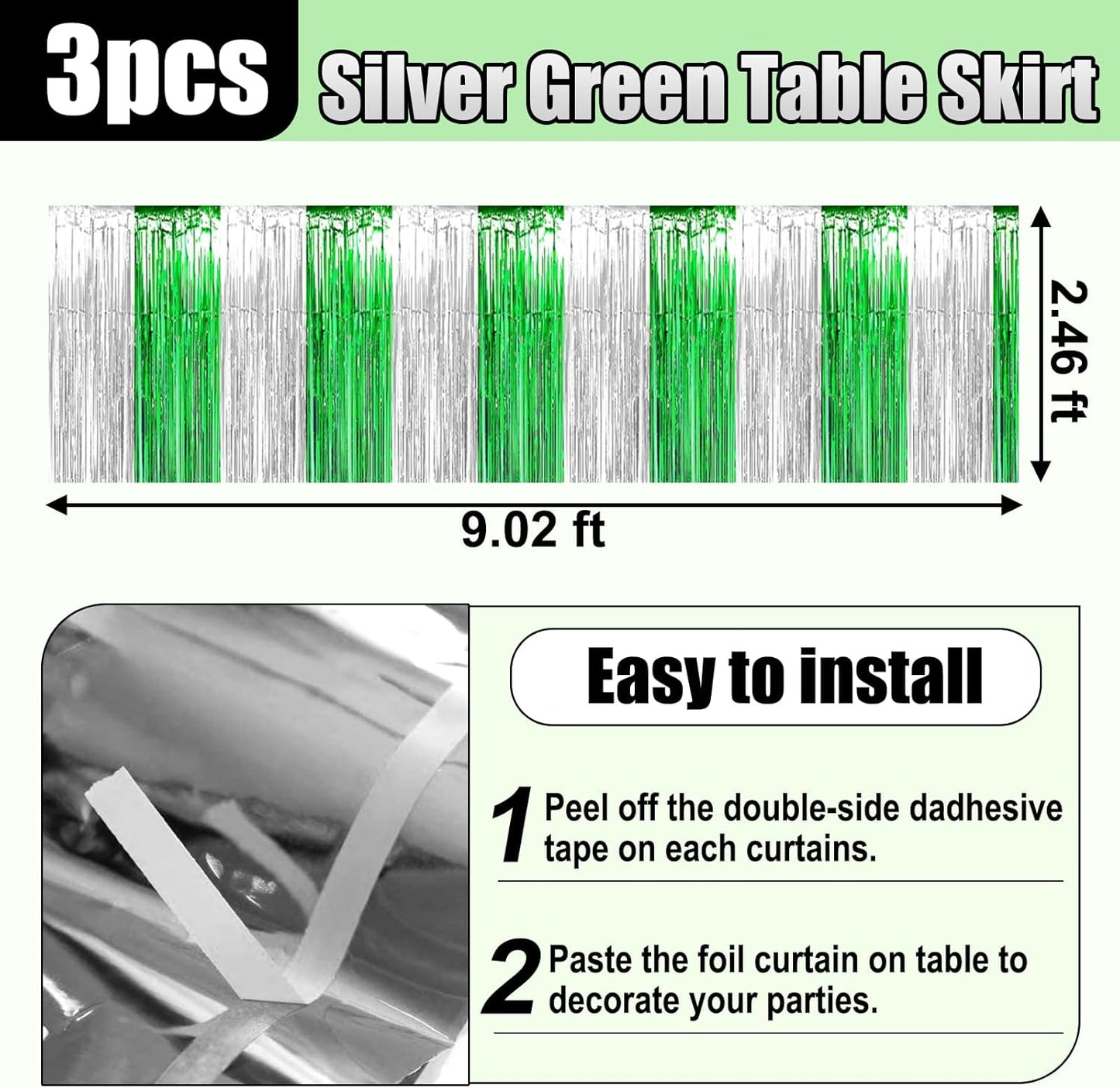 3 Pack 29x108 Inch Silver Green Foil Fringe Table Skirts Metallic Banner for Tinsel Streamer Garland Backdrop for Parade Floats Wedding Thanksgiving Birthday Christmas Halloween Party Decoration