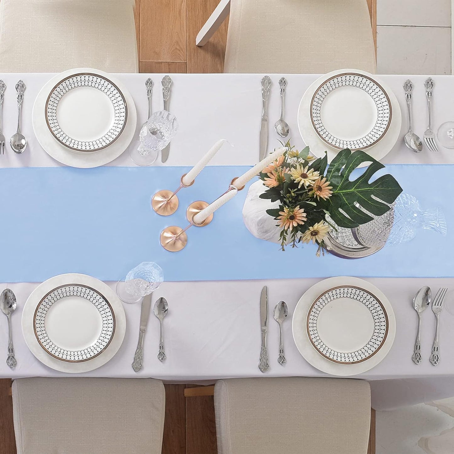24Pack Table Runner 12 x 108 Inches Satin Silk Table Runner for Wedding, Birthday Party, Banquets, Graduations Decoration, fit Rectange and Round Table-Blue Mist