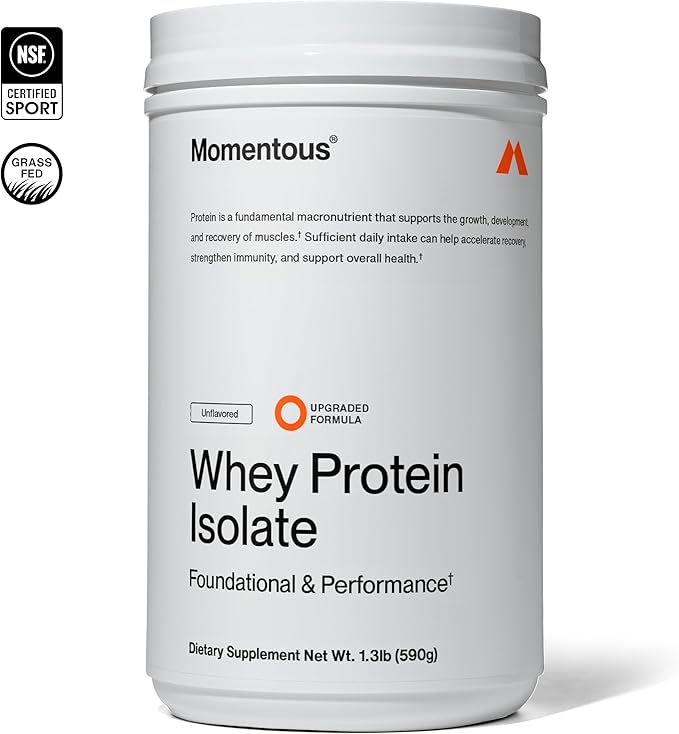 Momentous Essential Grass-Fed Whey Protein Powder - 20 g Whey Isolate Protein - NSF Certified for Sport - Gluten-Free - 24 Servings for Essential Everyday Use - Unflavored - Package May Vary