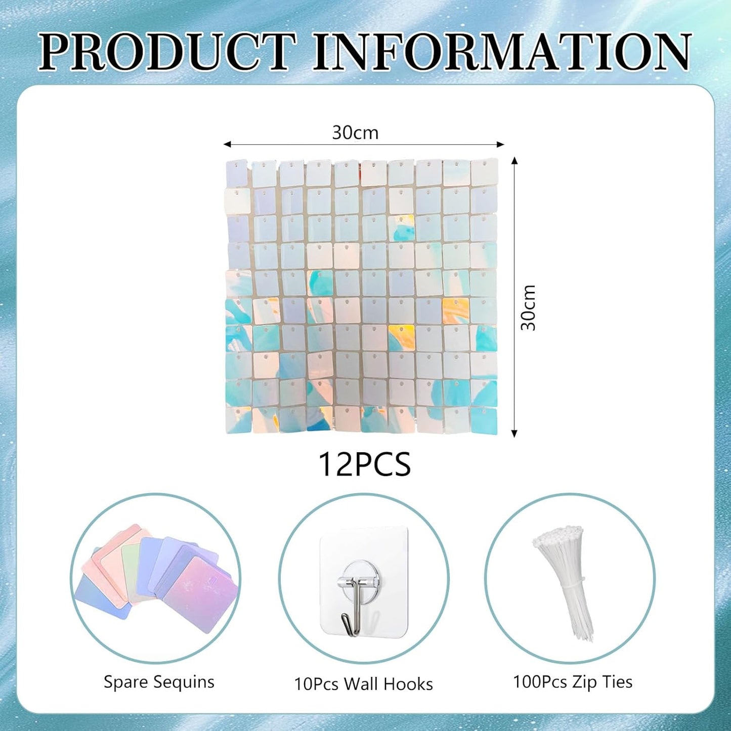 12PCS Colorful Blue Shimmer Wall Backdrop, Square Sequin Photo Backdrops Panel, Glitter Wall Background for Birthdays, Weddings, Engagements, Baby Showers, Disco Bachelorette Party Decor (3FTx4FT)