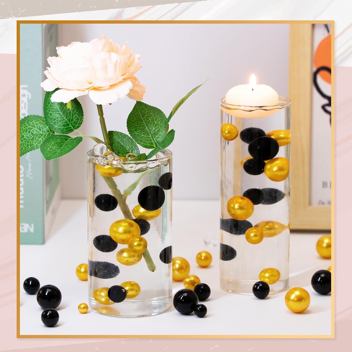 300Pcs Vase Filler Black and Golden Yellow No Hole Faux Pearl Beads for Vase Filling Decorations, Candle Centerpieces, Wedding Centerpieces, Home Party Decor (8/14/20mm)