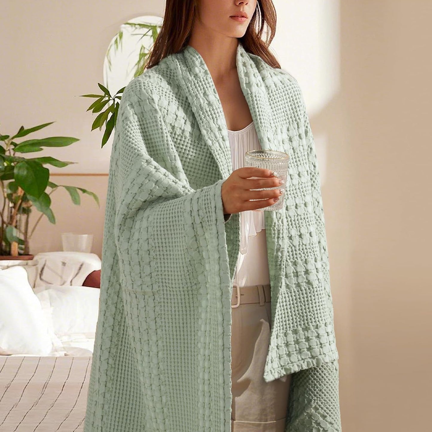 PHF 100% Cotton Waffle Weave Throw Blanket, Soft Lightweight Breathable Cozy Throws for Couch Bed Sofa, Luxury Aesthetic Woven Blanket for Home Decor & Office, 50"x60", Sage Green