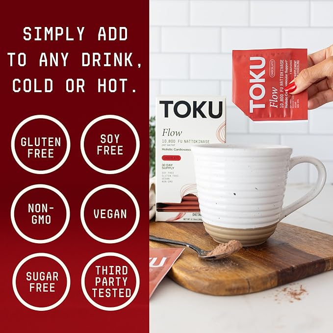 Toku Flow, Functional Daily Powder with 10,800 FU Soy-Free Nattokinase, Vitamin K2 MK7 & Oat Beta Glucan, Plant-Based Formula, Chocolate Flavor, 30 Packets