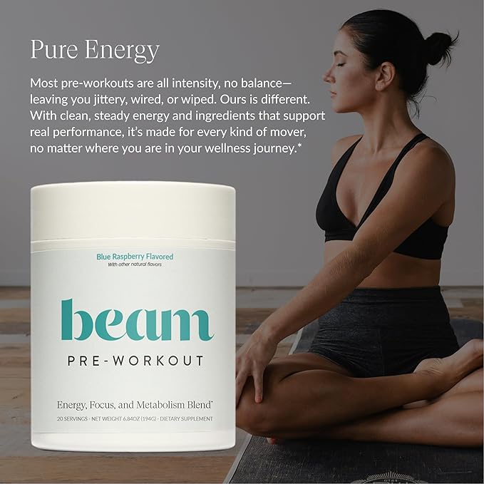 Beam Pre Workout Powder for Energy, Focus & Endurance – Natural Caffeine from PurCaf, Cognizin, Electrolytes, L-Citrulline, Beta-Alanine, L-Theanine – No Crash, Jitter-Free, 20 Servings