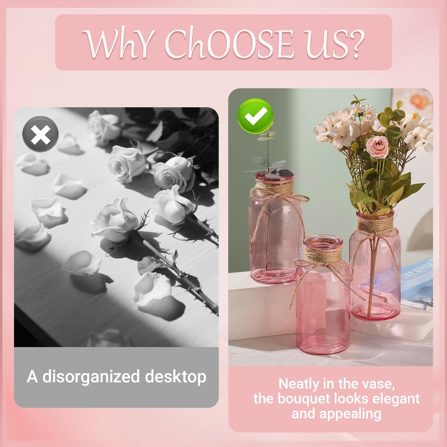 Pink Glass Flower Vases for Centerpieces Set of 12, Mason Jars Boho Cylinder Bud Vases in Bulk, for Weddings Parties Vintage Home Decor