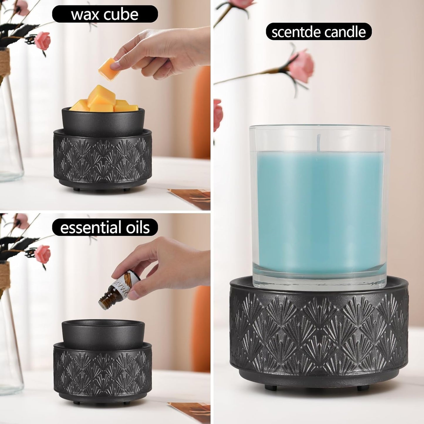 mocosa Ceramic Wax Warmer Wax Melt Warmer for Scented Wax 3-1 Electric Candle Warmer Home Fragrance Wax Burner as Gifts for Mom Grandma Women(Black-Fan Shaped)