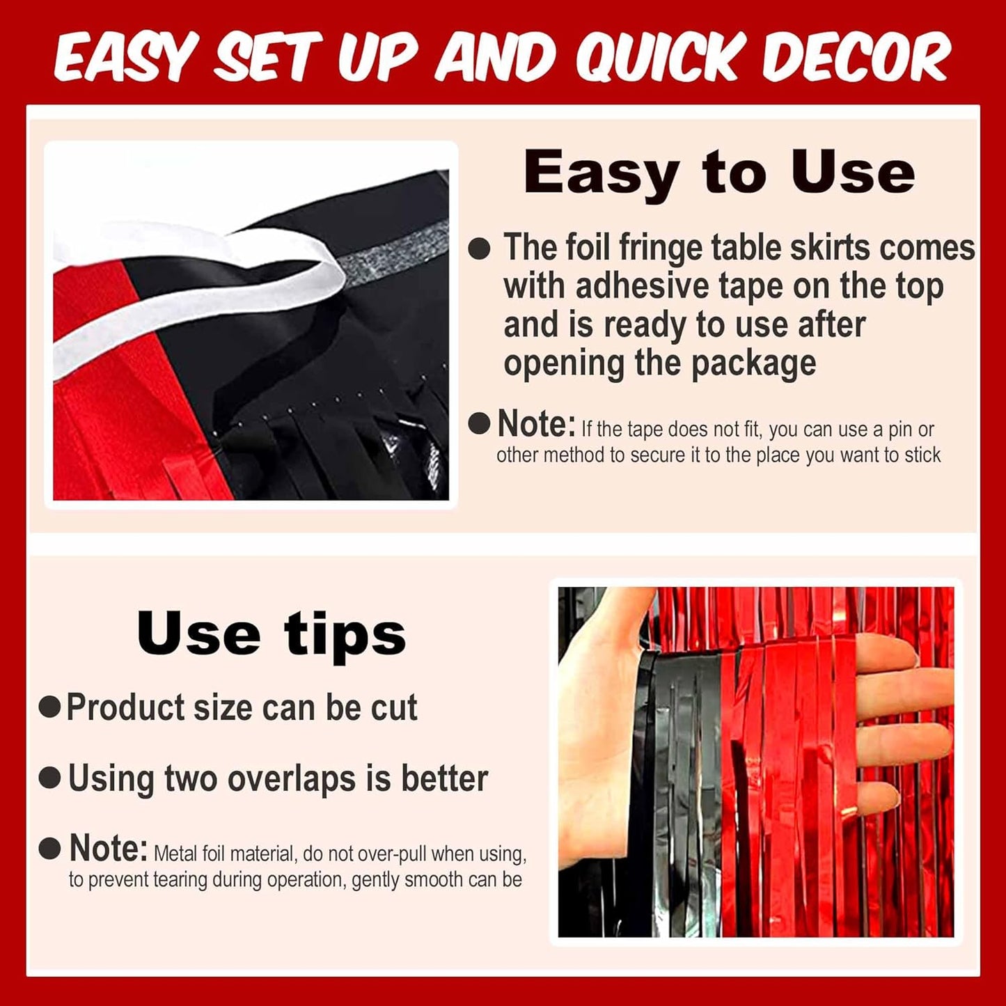 3 Pack 29 x108 Inch Black and Red Foil Fringe Table Skirts Metallic Banner for Tinsel Streamer Garland Backdrop for Parade Floats Mother's Day, Graduate, Birthday, Wedding Party Decoration