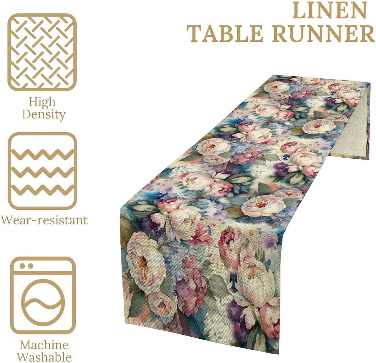 Vintage Floral Table Runner,Girls Women Rose Romantic Leaf Botanical Watercolor Pattern Print Burlap for Hotel Indoors Outdoor Dining Room Kitchen Holiday Party, 13x90in