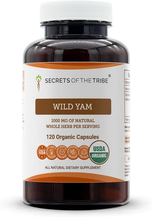 Secrets of the Tribe Wild Yam Capsules 1000 mg Responsibly farmed USDA Organic Wild Yam (Dioscorea Villosa) Dried Root, Hormone Support Supplement (120 Capsules)