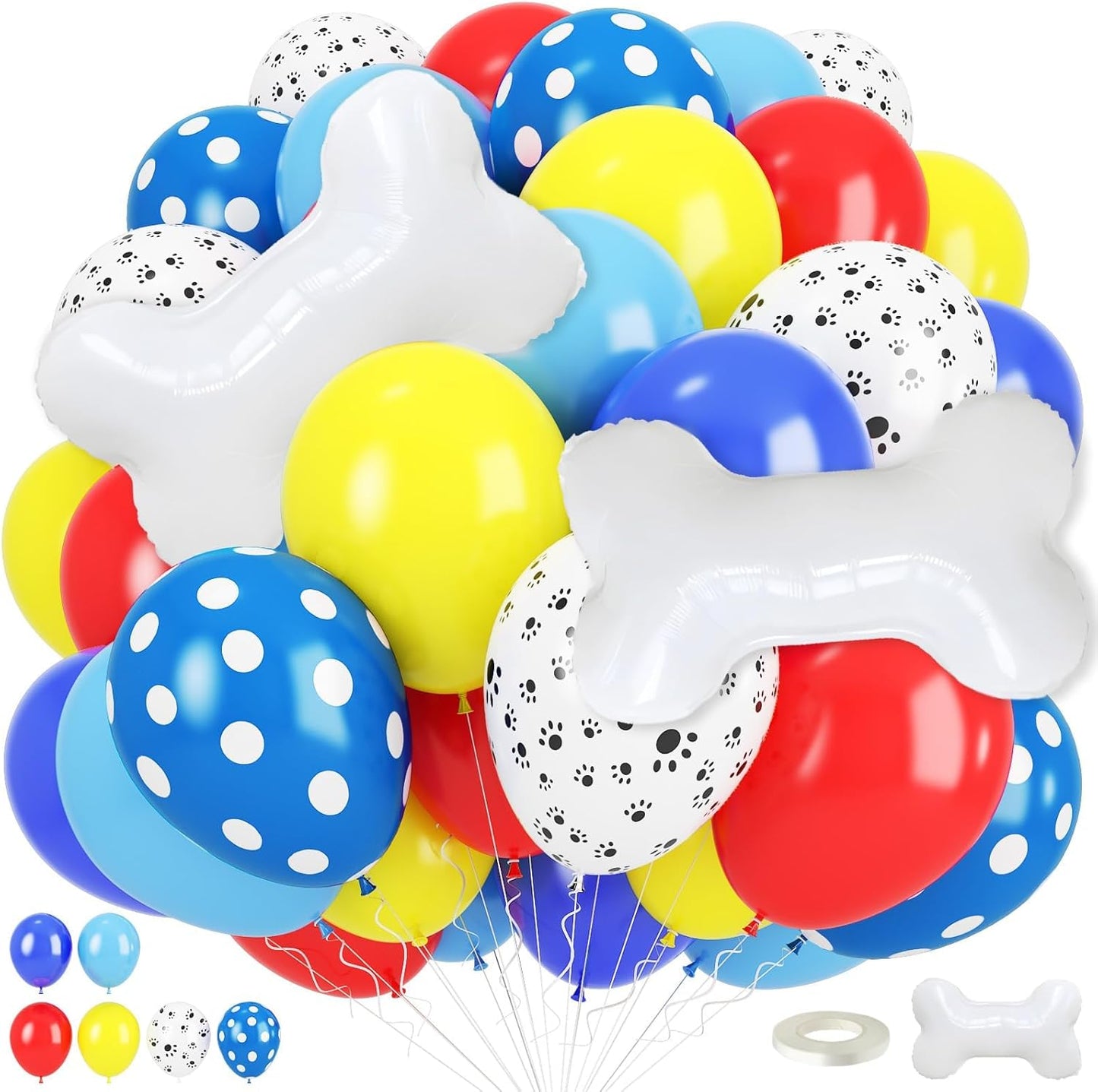 Dog Balloons, Red Yellow Blue Paw Print Balloons with 18 Inch Bone Foil Balloon, Dog Paw Latex Animal Balloon for Boy Kids Birthday Cartoon Theme Puppy Party Decorations Backdrop Supplies