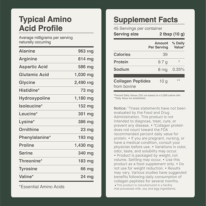 Collagen Peptides Powder Grass-Fed Pasture-Raised Hydrolyzed Collagen Powder, Type I & III Hair, Nails, Skin and Joints, Non-GMO, Paleo & Keto, Unflavored, 10 Fl oz. 30 Servings