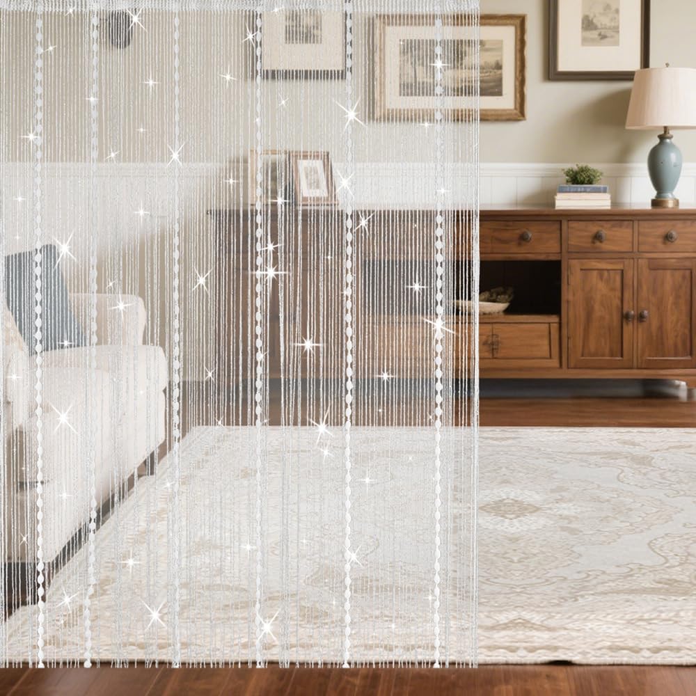 Hysenm Door String Curtains 39x79 Inch White Panel Soft Balls Romantic Glitter Fringe Room Divider Home Décor Wedding Girls Bedroom Window Living Room Backdrop Party Doorways Closet