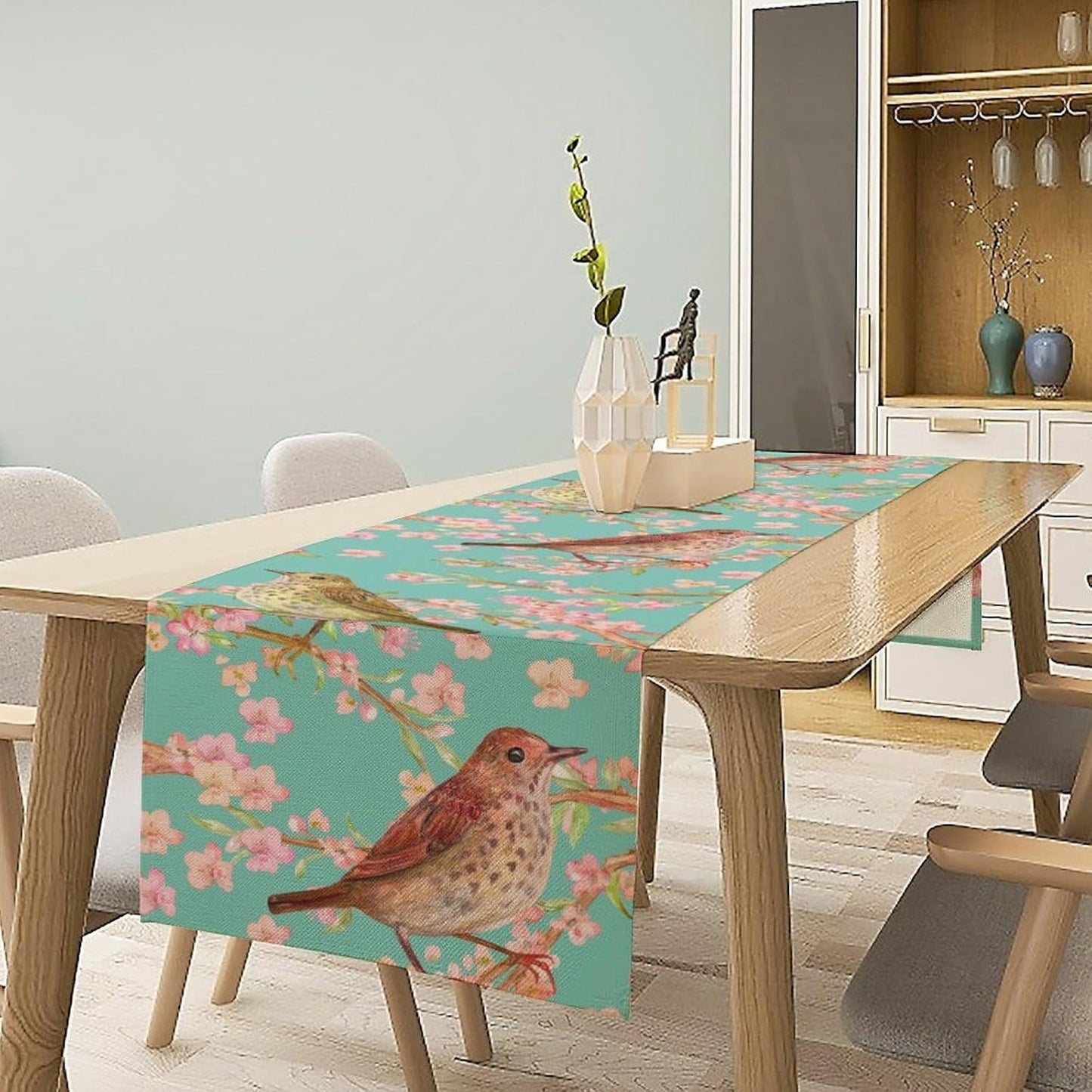 Table Runner with Flowers and Birds, Spring Plant Flowers Table Decoration Linen Table Runner Family Party Party Decorations 13x120 Inches