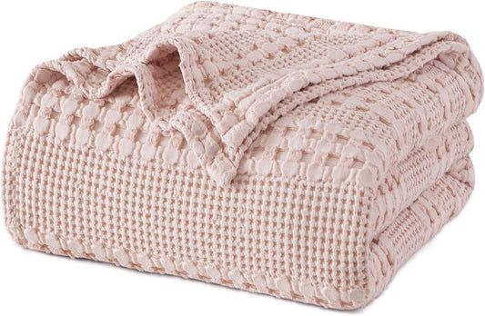 PHF 100% Cotton Waffle Weave Blanket Queen Size for Bed, Soft Lightweight & Breathable, All-Season Comfort, Luxury Aesthetic Woven Bedding for Home Decor, 90"x90", Pink/Mauve