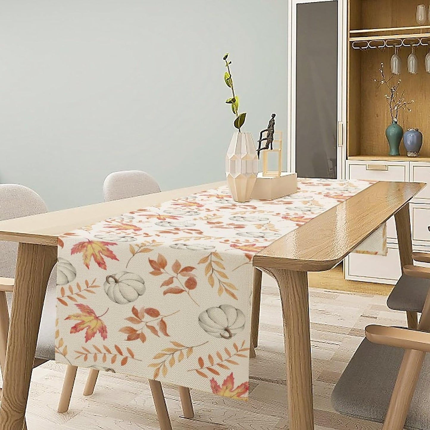 Pumpkin Leaves Table Runner,Seasonal Autumn Thanksgiving Kitchen Dining Table Decoration for Home Party Decor 13x60 Inch