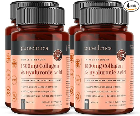 pureclinica Triple Strength Marine Collagen & Hyaluronic Acid – 1500mg per Tablet | 720 Tablets (4 Bottles of 180) | Supports Skin, Joints & Hydration