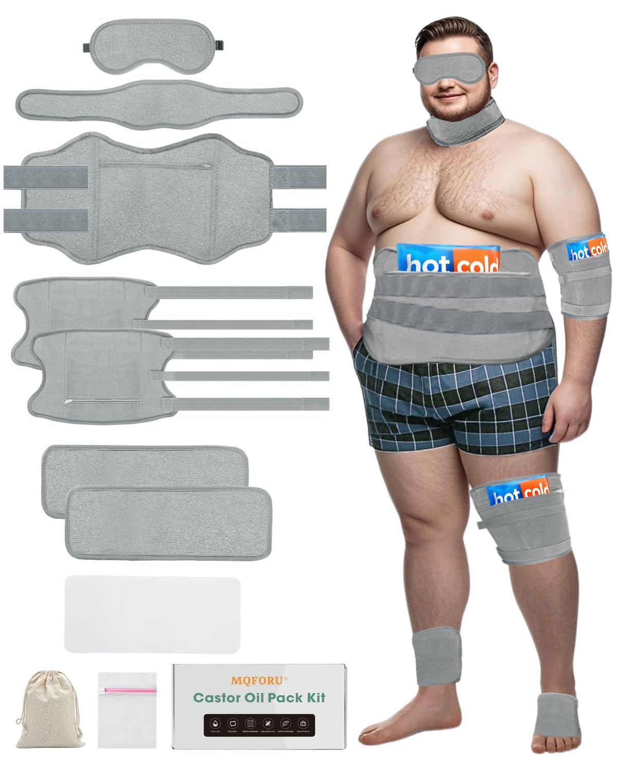 10 Pcs Castor Oil Pack Wrap, Plus Size for Men & Women, XL Reusable Castor Oil Pack Set for Eyes Neck Stomach Waist Knees Legs Feet, Flannel Cotton, Anti Oil Leak, Machine Washable (Light Gray)