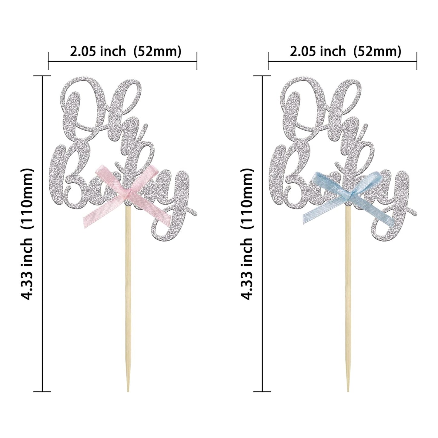 Gyufise 36Pcs Oh Baby Cupcake Toppers with Blue Pink Bowknot Silver Glitter Baby Shower Cupcake Picks Gender Reveal Cupcake Topper Decoration for Gender Reveal Baby Shower Kids Birthday Party Supplies