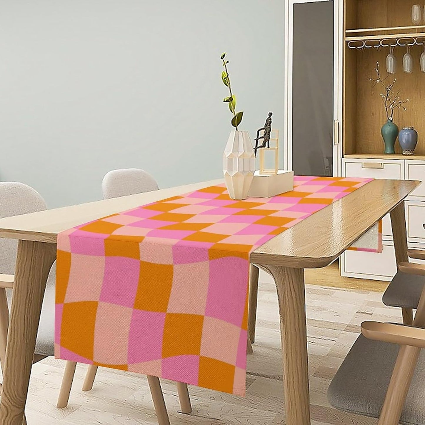 Checkered Table Runner Orange Retro 60s70s Boho Style Kitchen Restaurant Decoration Suitable for Indoor and Outdoor Festival Home Wedding Party Table Runner 13x70 Inch